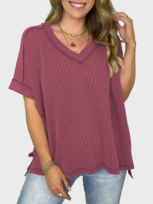 Lovelet Texture V-Neck Half Sleeve T-Shirt