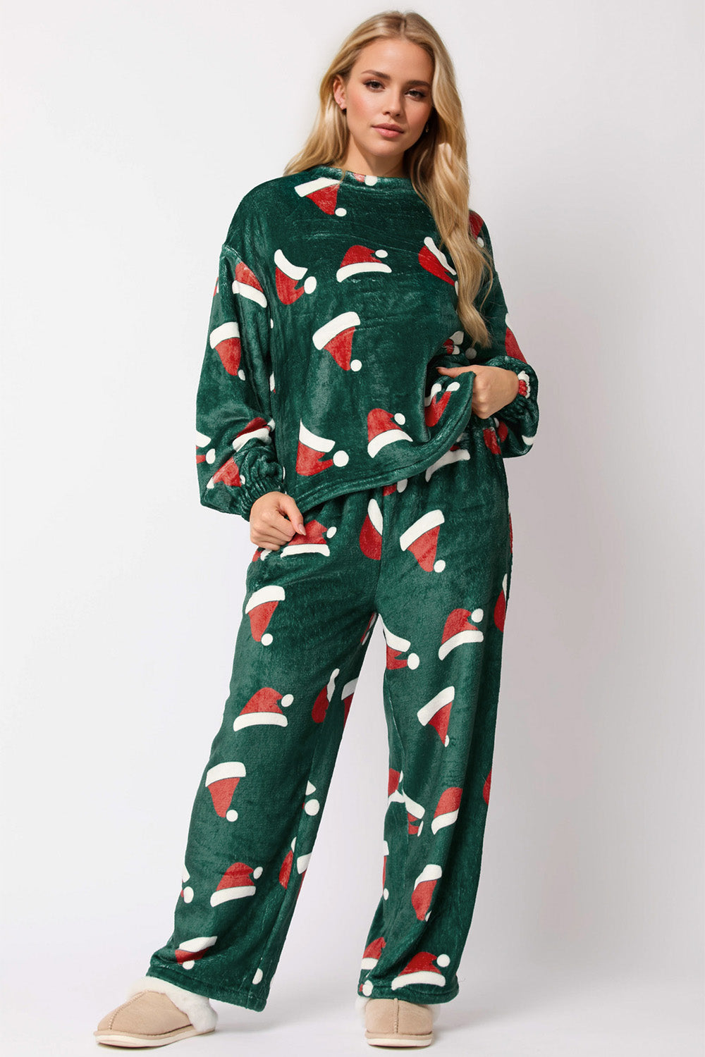 Christmas Hat Pattern Round Neck Long Sleeve Top and Pants Set