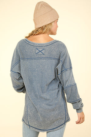 VERY J Washed V-Neck Exposed Seam Knit Top