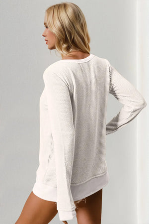 Double Take Corded Rib Thumbhole Cuff Round Neck T-Shirt