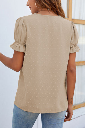 Mandy Swiss Dot Lace Detail V-Neck Short Sleeve Blouse