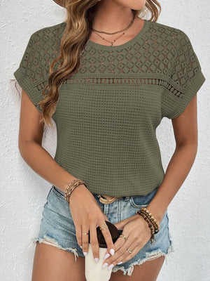 Waffle-Knit Round Neck Short Sleeve Top