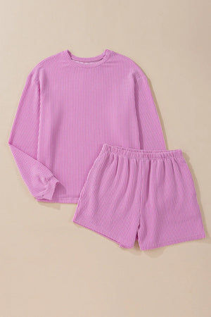 Round Neck Long Sleeve Top and Shorts Set