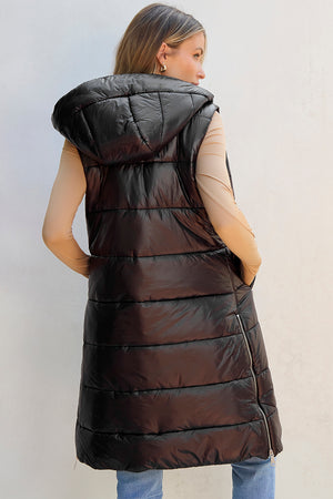 Longline Hooded Sleeveless Puffer Vest