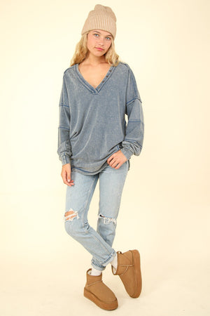 VERY J Washed V-Neck Exposed Seam Knit Top